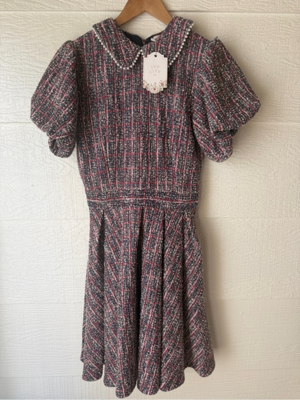 Ivy City Co Celine Tweed Pearl Collar Dress Navy Plaid Small NWT